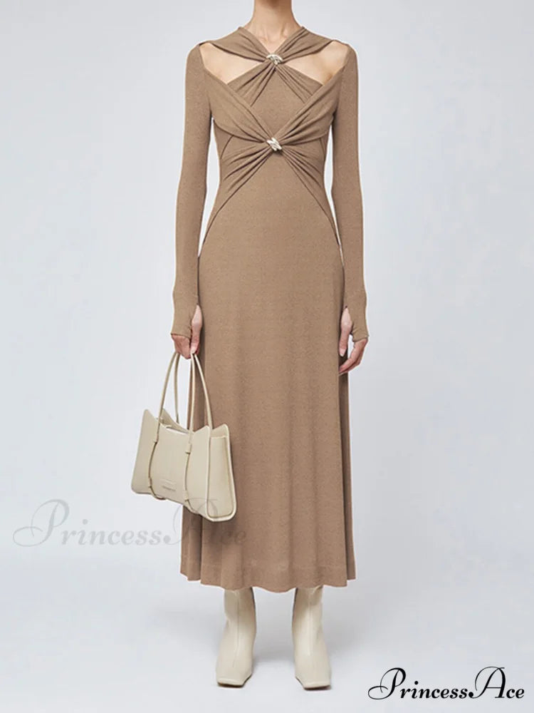 Criss Cross Cut Trendy Out Long Dress Brown / S