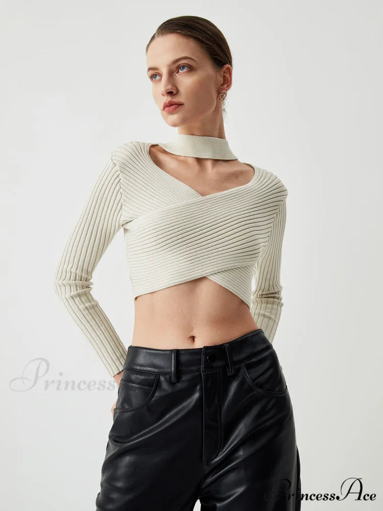 Criss Cross Knit Trendy Halter Crop Top Off-White / S