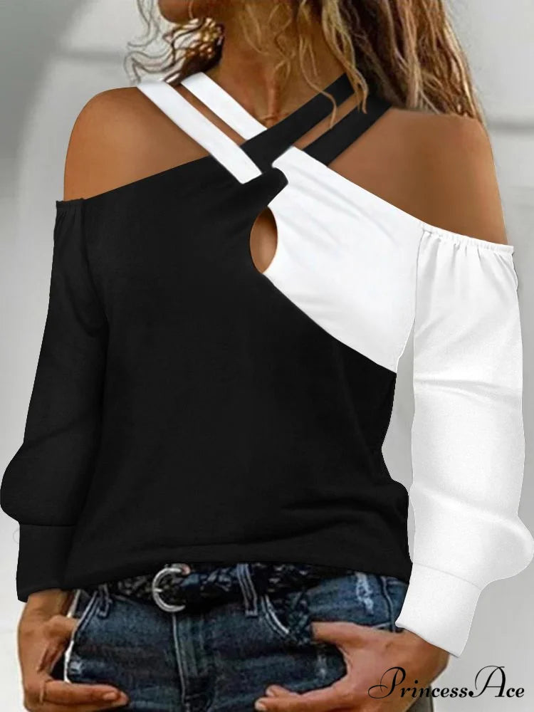 Crisscross Long Colorblock Top Arm Shoulder Patchwork Blouse Women’s Cold Clothing