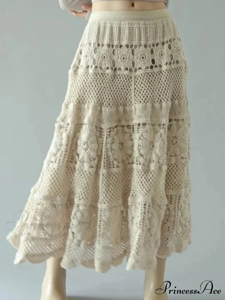 Crochet Blossom Emptied Elastic Waist Skirt Apricot / One Size skirt-250126