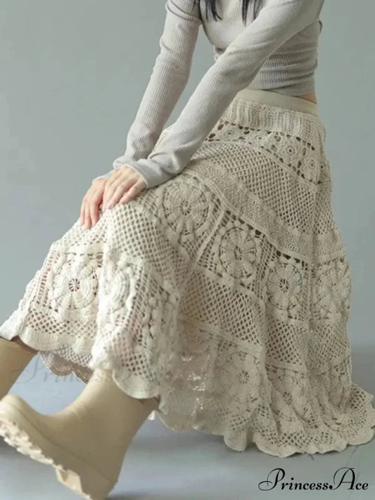 Crochet Blossom Emptied Elastic Waist Skirt Apricot / One Size skirt-250126