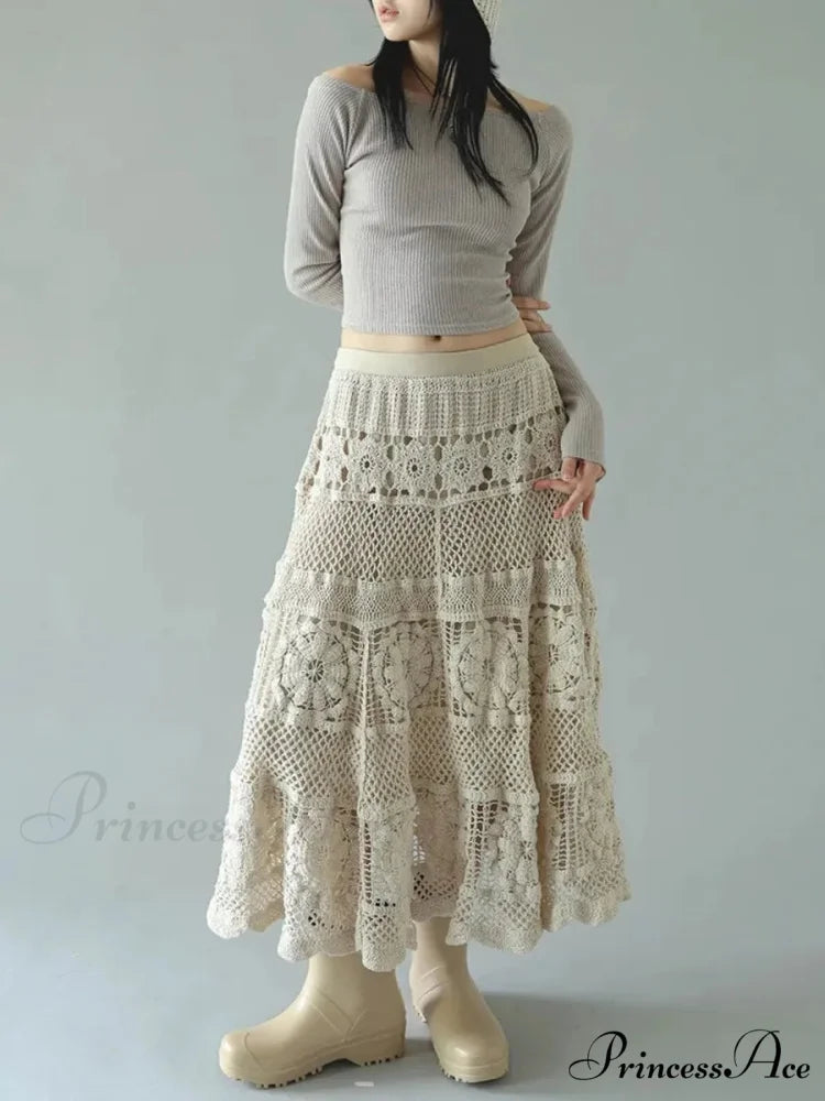 Crochet Blossom Emptied Elastic Waist Skirt Apricot / One Size skirt-250126