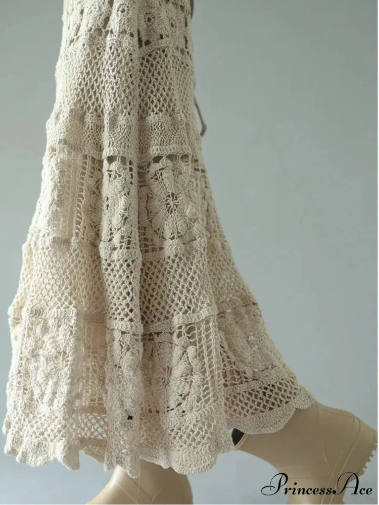 Crochet Blossom Emptied Elastic Waist Skirt Apricot / One Size skirt-250126