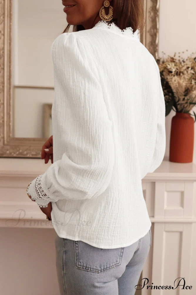 Crochet Blouse with Trim Lace Deep V Neck White Textured Detail