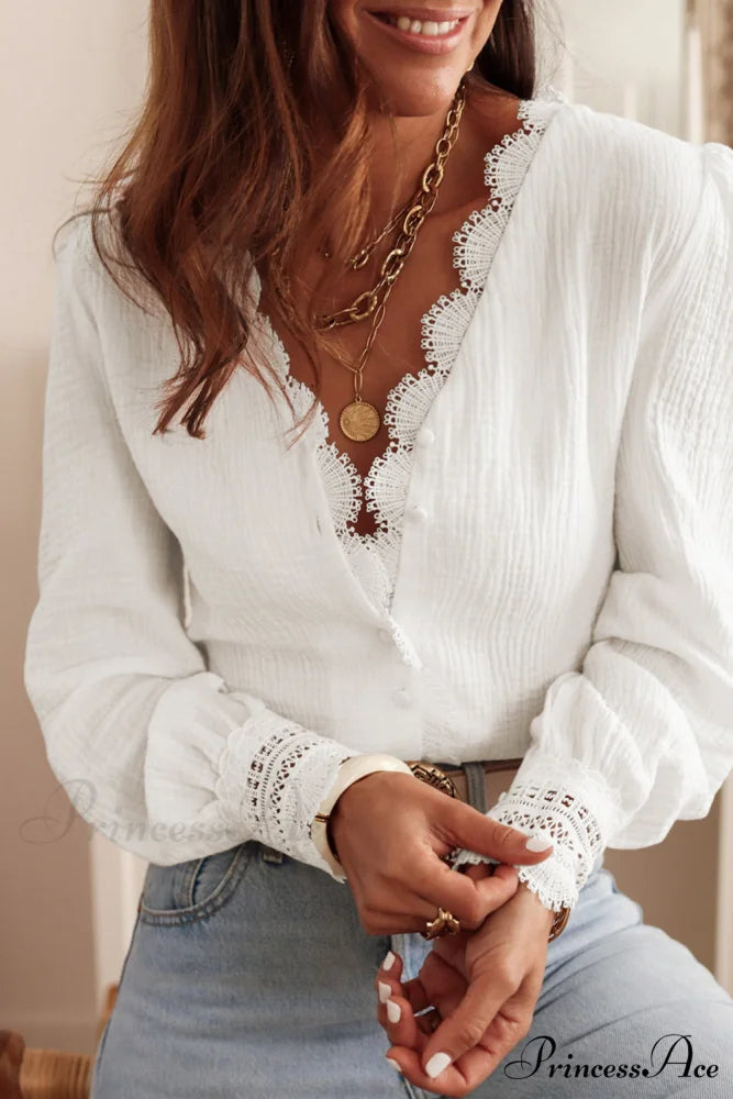 Crochet Blouse with Trim Lace Deep V Neck White Textured Detail