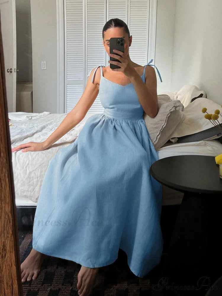 Crochet Cutie Stylish Linen Maxi Dress blue / S