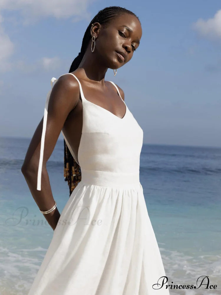 Crochet Cutie Stylish Linen Maxi Dress White / S