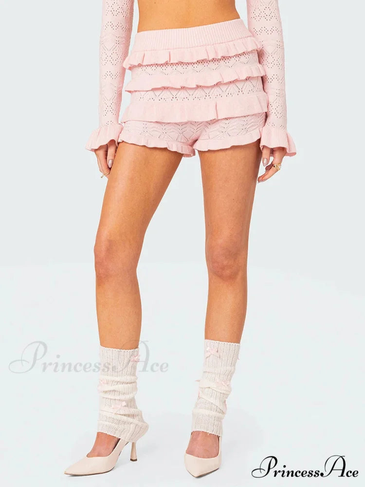 Crochet Frilly Hollow-Out Brief Pink / S short-250223