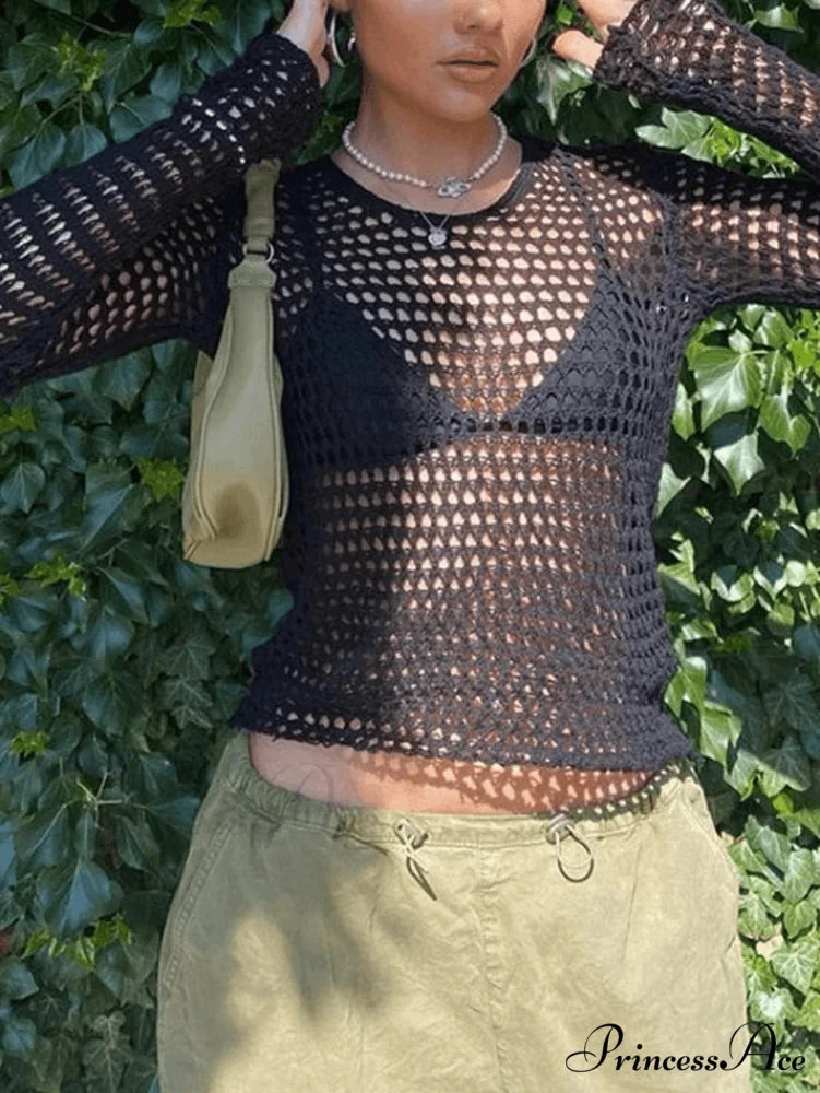 Crochet Hollow Backless Trendy Long Sleeve Mini Dress