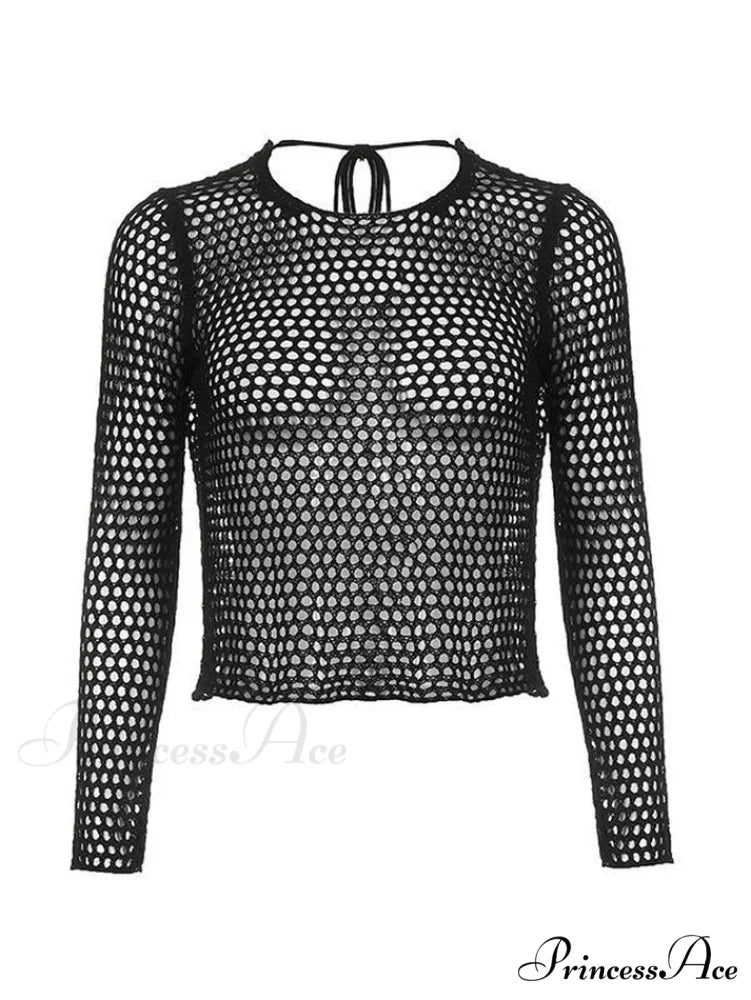 Crochet Hollow Backless Trendy Long Sleeve Mini Dress