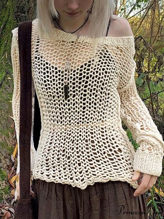 Crochet Hollow Graceful Knit Crop Top Beige / S