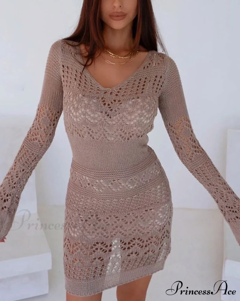 Crochet Hollow Graceful Out Midi Dress Brown / XS