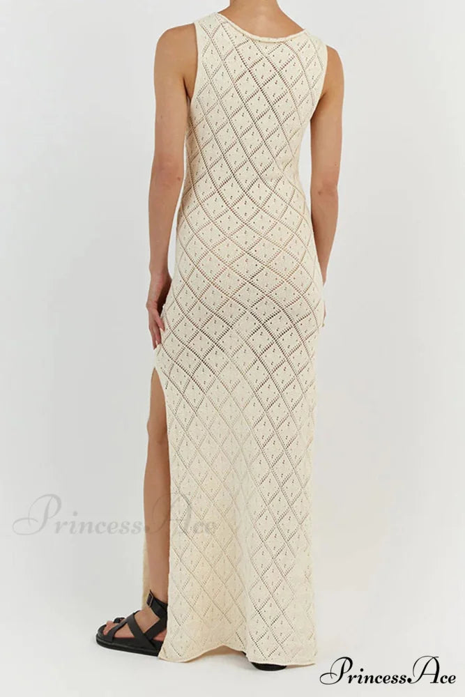 Crochet Hollow Out Knit Tank Dress with Rhombus Pattern Apricot / L