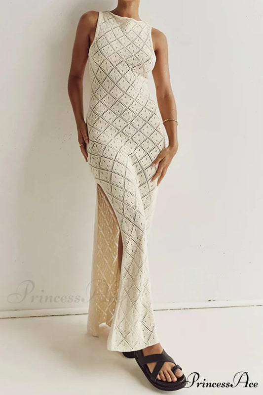 Crochet Hollow Out Knit Tank Dress with Rhombus Pattern Apricot / S