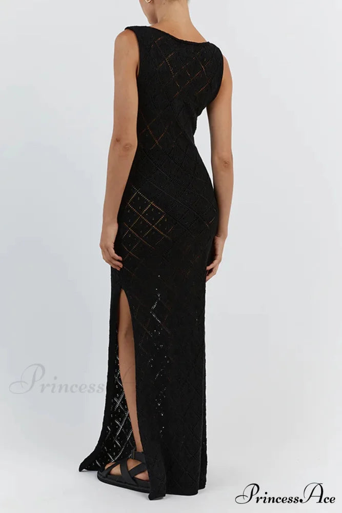 Crochet Hollow Out Knit Tank Dress with Rhombus Pattern Black / L