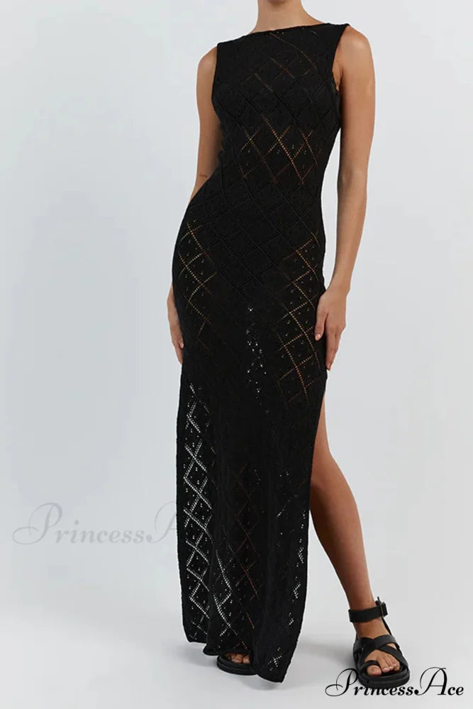 Crochet Hollow Out Knit Tank Dress with Rhombus Pattern Black / M