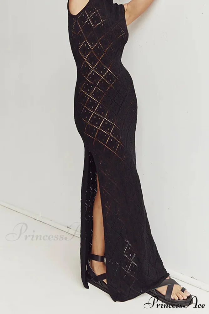 Crochet Hollow Out Knit Tank Dress with Rhombus Pattern Black / S