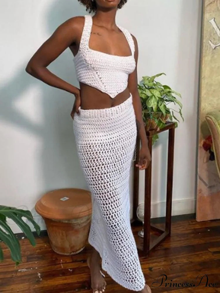 Crochet Knit Granny Square Patterns Classic Slip Mini Dress - Burgundy White / S