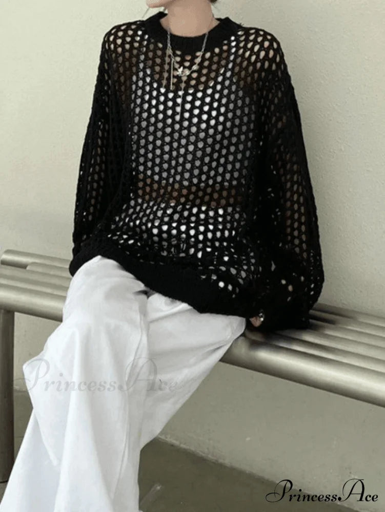 Crochet Long Sleeve Trendy Maxi Beach Dress Black / S