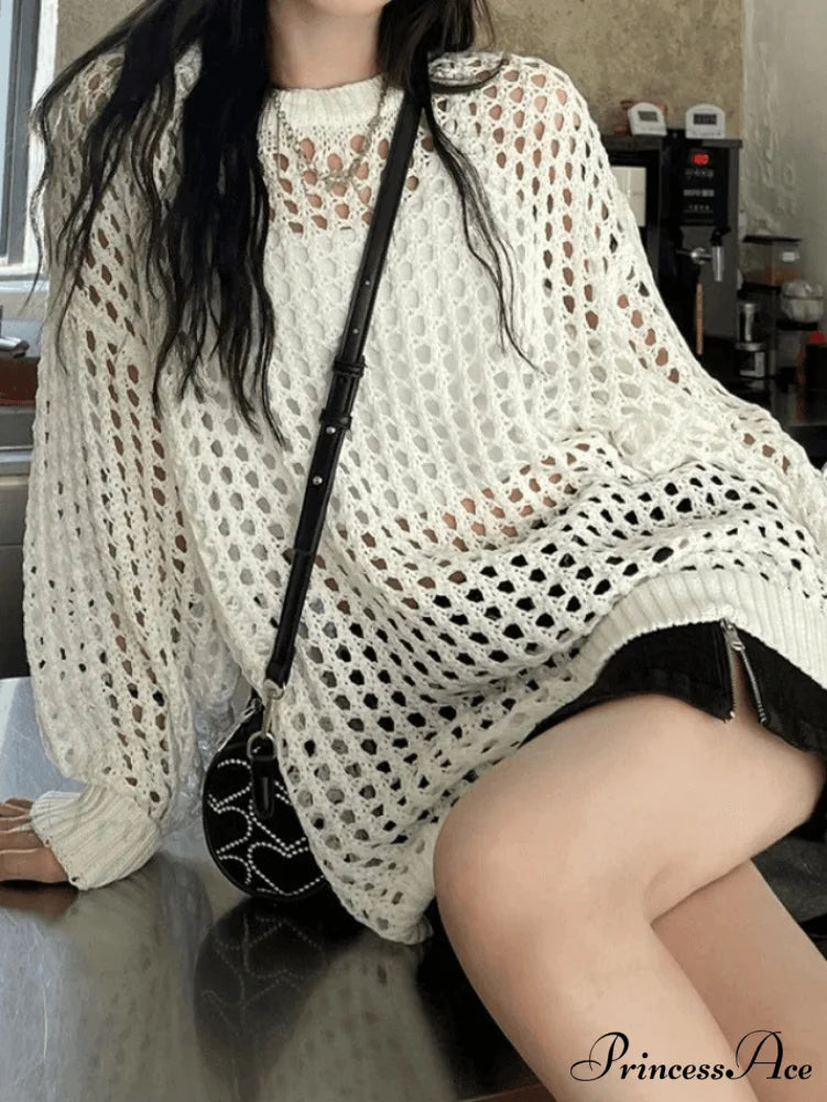 Crochet Long Sleeve Trendy Maxi Beach Dress White / S