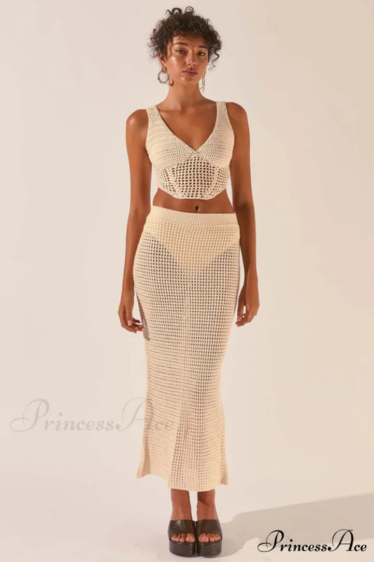 Crochet Midi Top Charming + Skirt Set S / Seashell