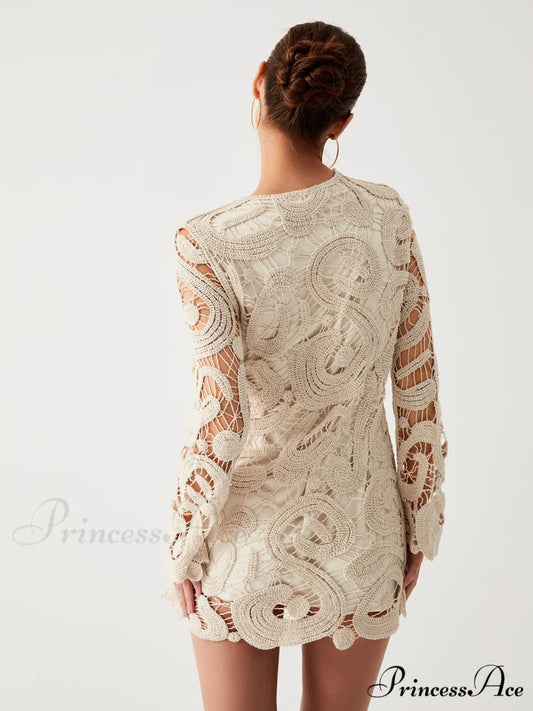 Crochet Paisley Long Trendy Sleeve Short Dress