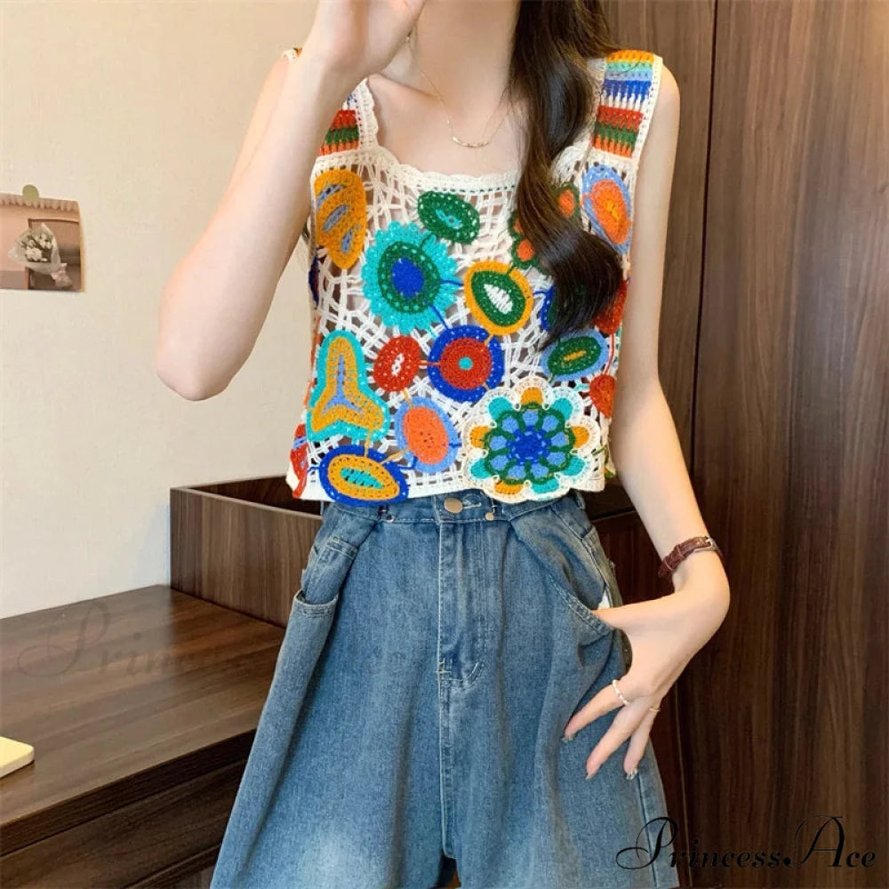 Crochet Variegated Stitched Floral Crop Top APRICOT / One Size croptop-250126