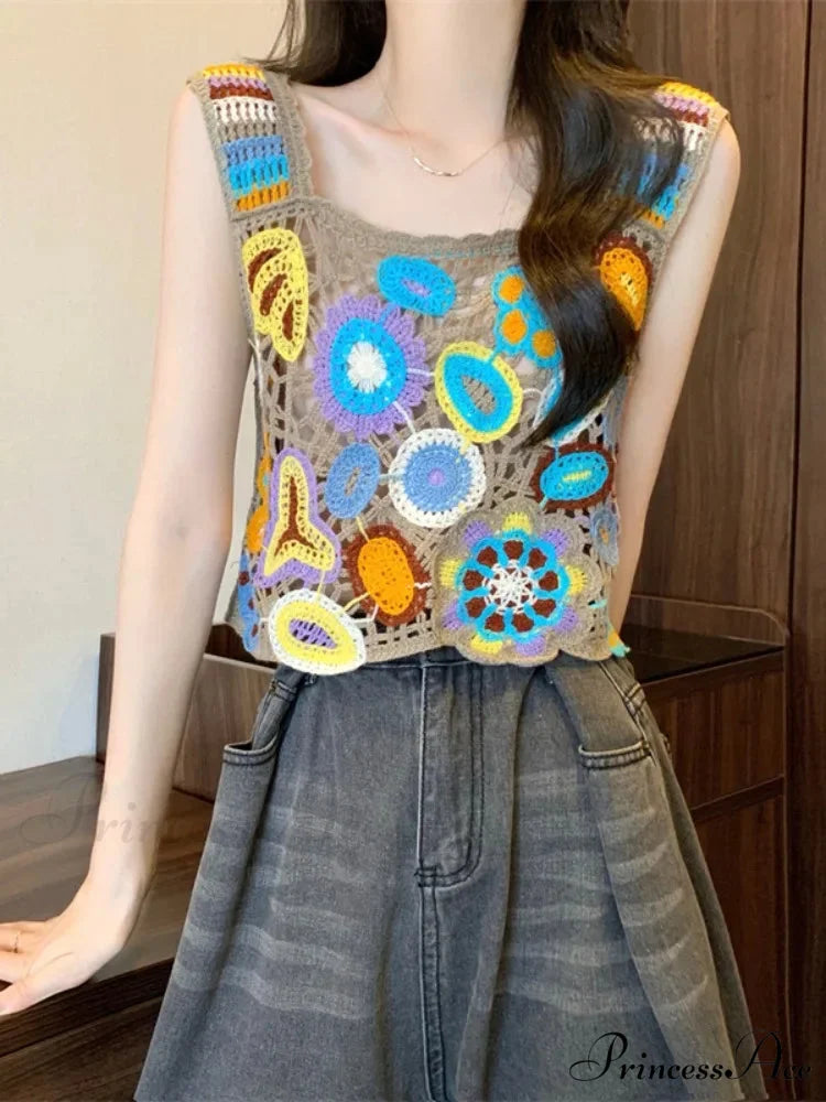 Crochet Variegated Stitched Floral Crop Top Coffee / One Size croptop-250126