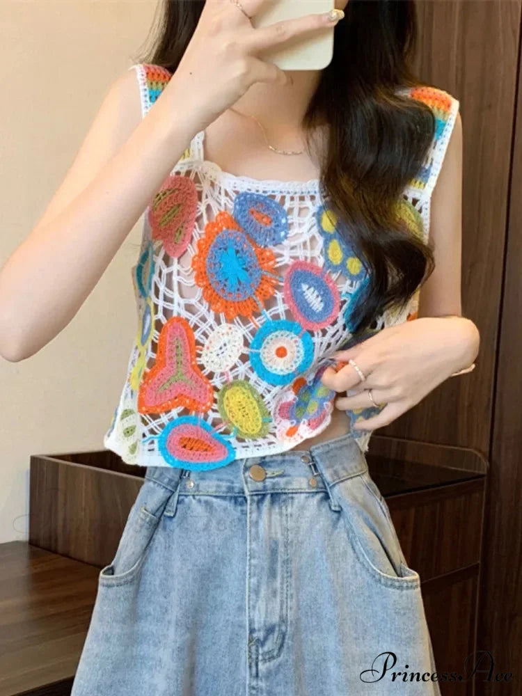 Crochet Variegated Stitched Floral Crop Top croptop-250126