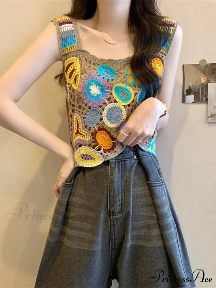 Crochet Variegated Stitched Floral Crop Top croptop-250126