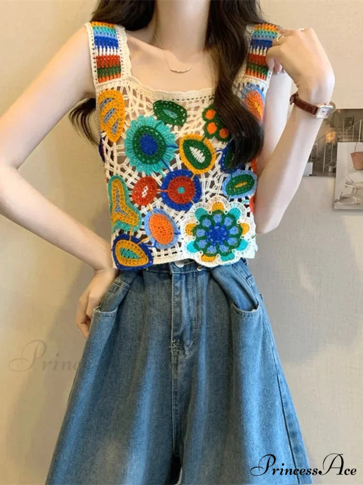 Crochet Variegated Stitched Floral Crop Top croptop-250126
