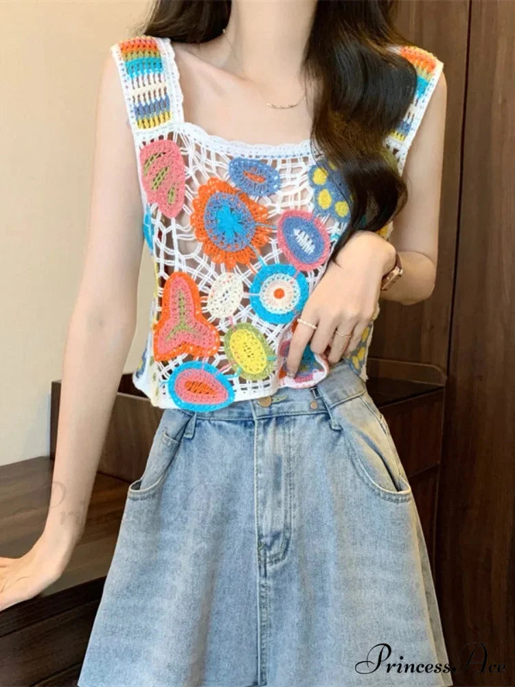 Crochet Variegated Stitched Floral Crop Top WHITE / One Size croptop-250126