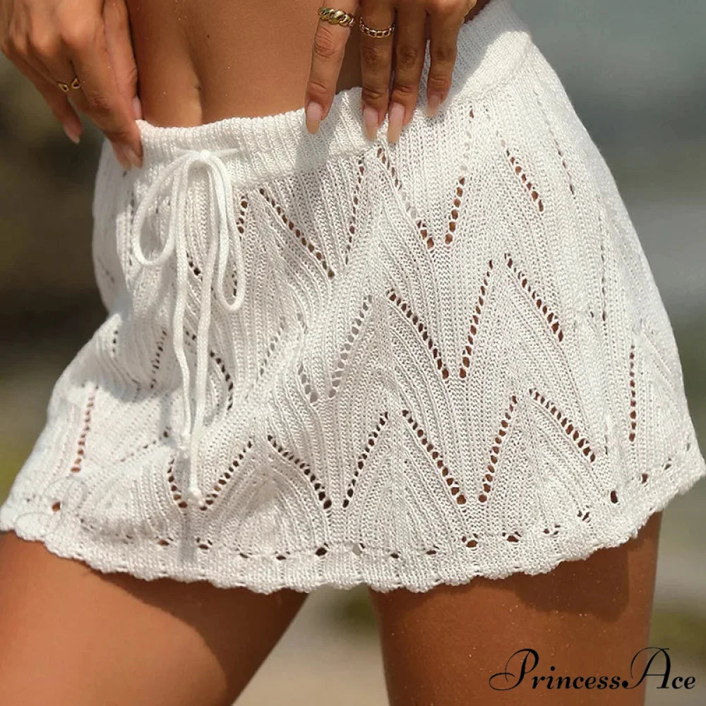 Crochet Waist Knitted Mini Beach Drawstring Cover Up Skirt WHITE / One Size