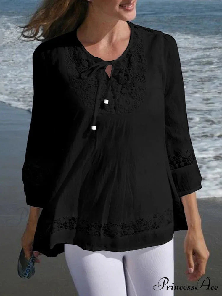 Crocheted Casual Patchwork Blouse Black / S blouse-250126