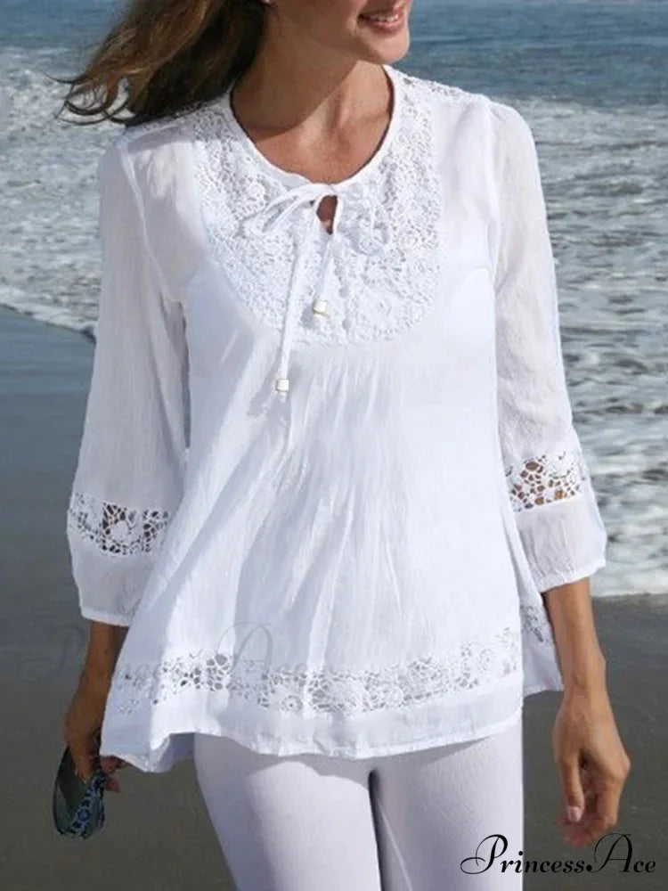 Crocheted Casual Patchwork Blouse WHITE / S blouse-250126