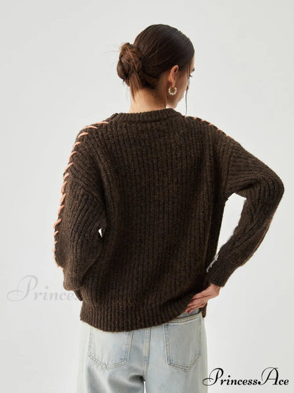 Crocheted Contrast Trim Trendy Ribbed Knit Sweater