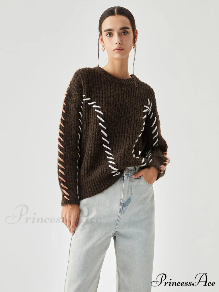 Crocheted Contrast Trim Trendy Ribbed Knit Sweater