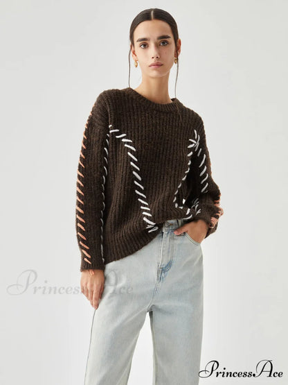 Crocheted Contrast Trim Trendy Ribbed Knit Sweater