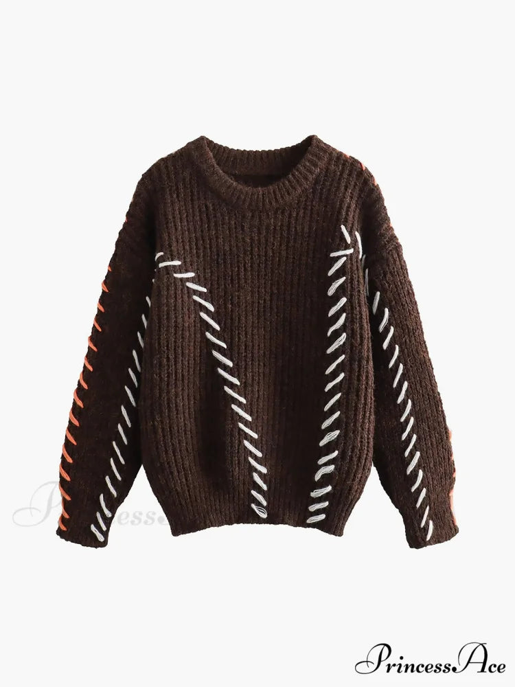 Crocheted Contrast Trim Trendy Ribbed Knit Sweater