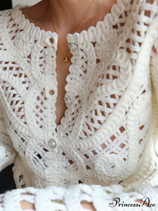 Crocheted Hollow Graceful Beaded Button Cardigan