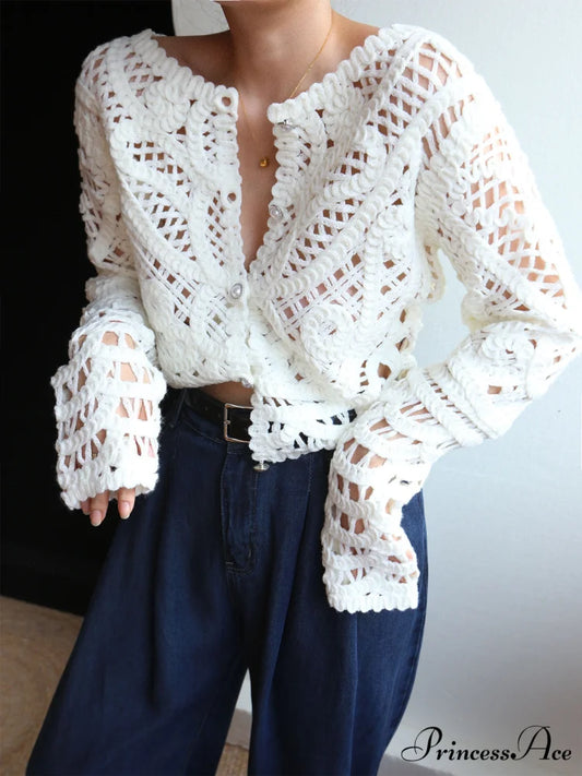 Crocheted Hollow Graceful Beaded Button Cardigan White / S