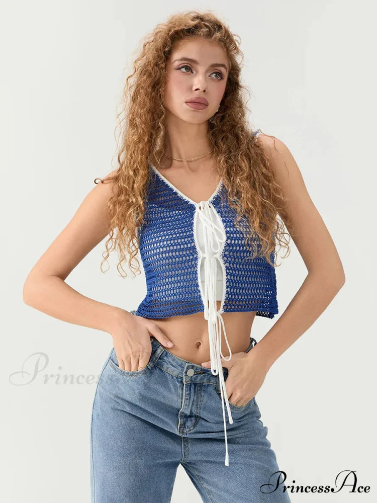 Crocheted Sleeveless Knit V-neck Crop Top croptop-250126
