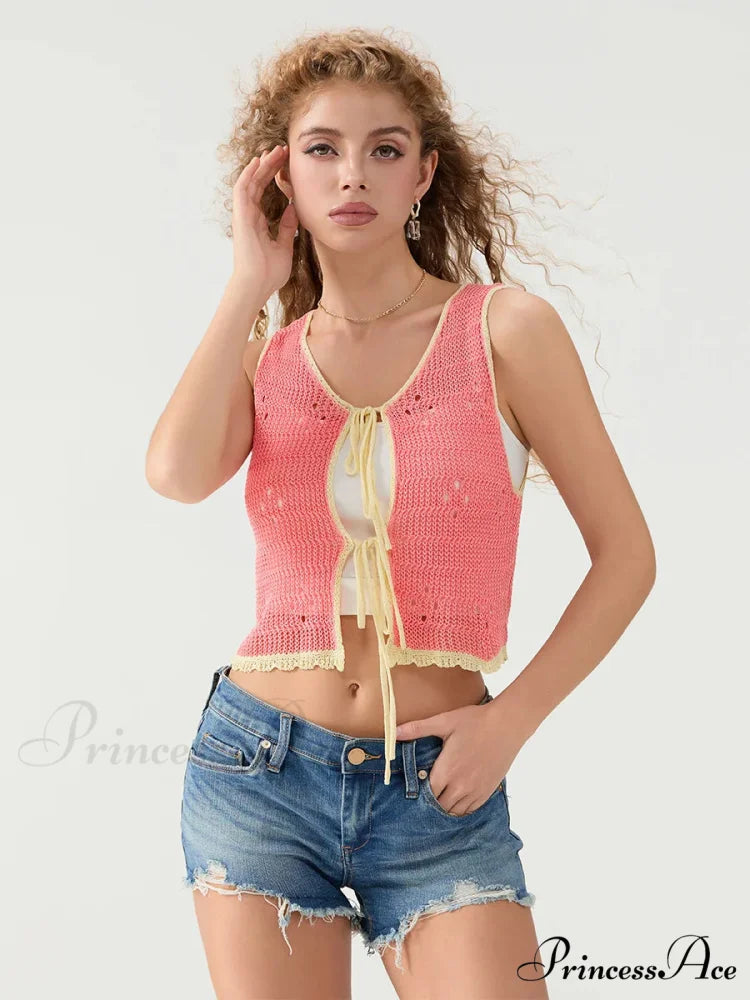 Crocheted Sleeveless Knit V-neck Crop Top croptop-250126