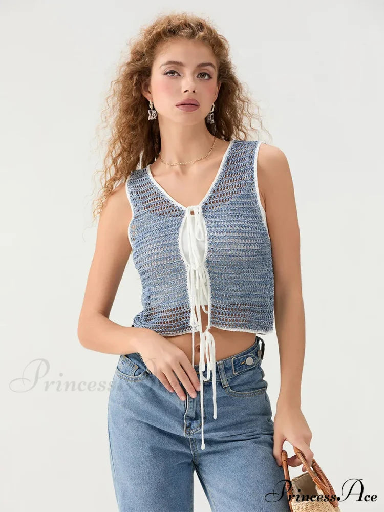 Crocheted Sleeveless Knit V-neck Crop Top GRAY / S croptop-250126