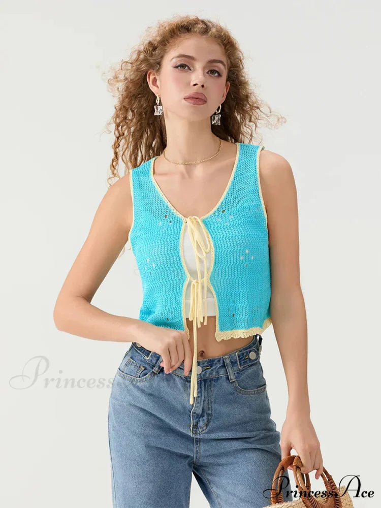 Crocheted Sleeveless Knit V-neck Crop Top SKY BLUE / S croptop-250126