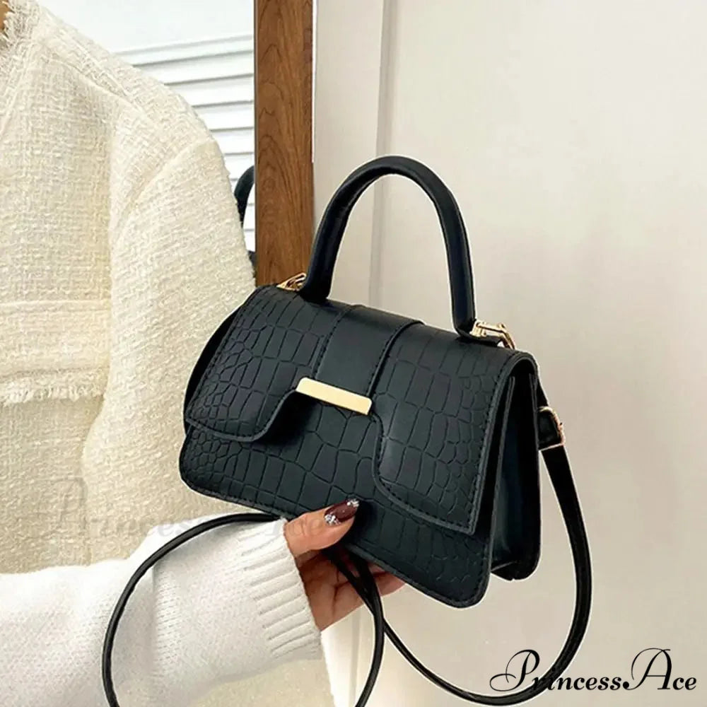 Crocodile Design Petite Square Retro Faux Leather Crossbody Purse Black handbag-250126