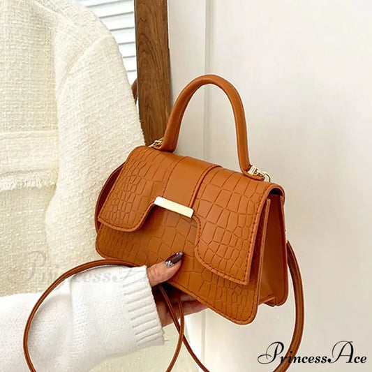 Crocodile Design Petite Square Retro Faux Leather Crossbody Purse Brown handbag-250126