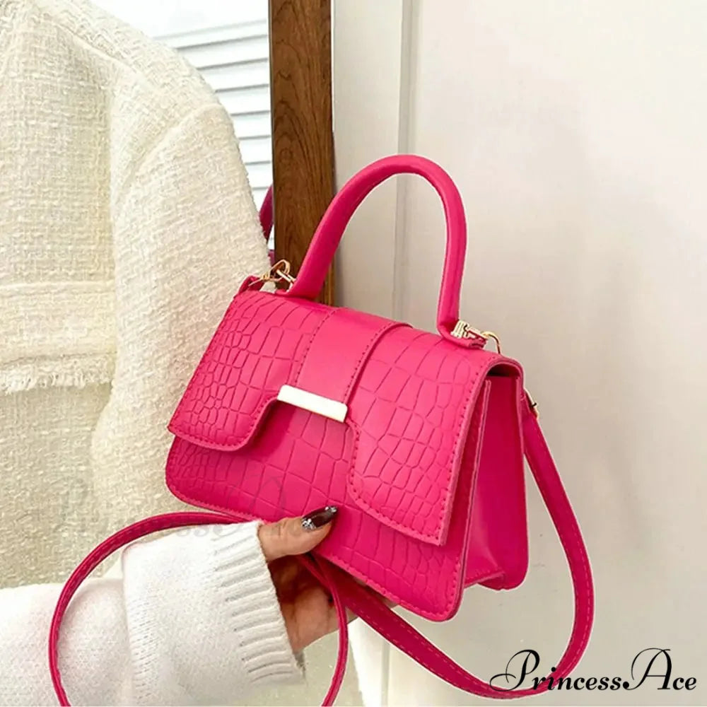 Crocodile Design Petite Square Retro Faux Leather Crossbody Purse Rose Red handbag-250126