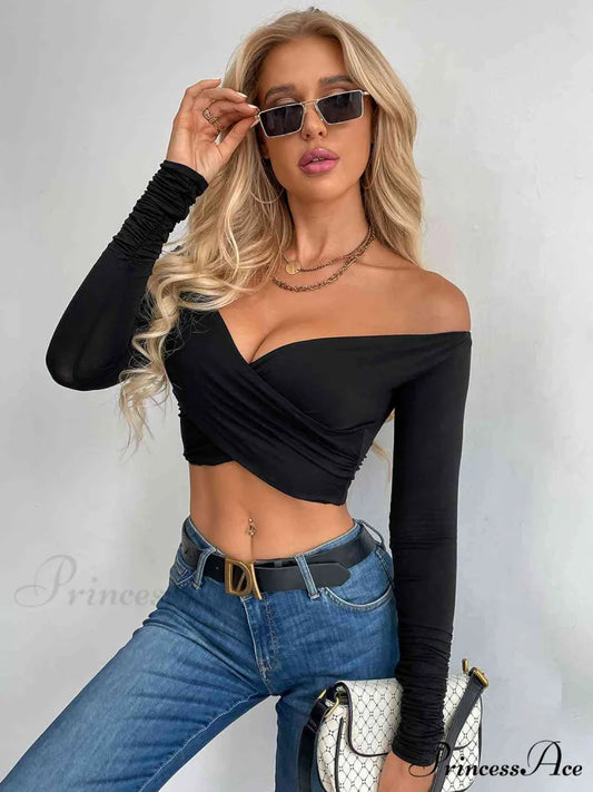Crop Crisscross Arm Long Top Black / S