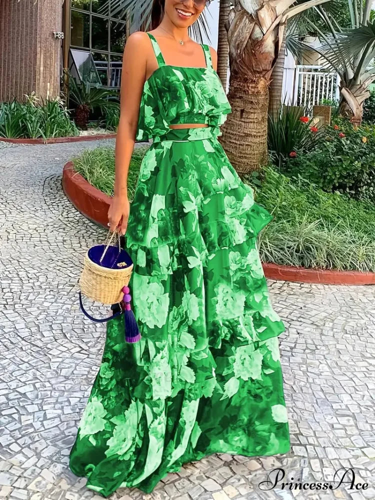 Crop Ruffles Flowered Skirt Two-Piece Tank Design Set L / Blue